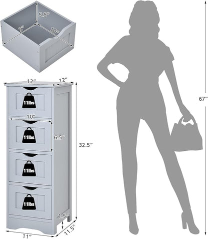 Tangkula Bathroom Floor Cabinet with 4 Drawers, Wooden Storage Cabinet w/Anti-Tipping Device, Freestanding Side Cabinet for Bathroom Home Office, 12 x 12 x 32.5 Inch (Grey, 4 Drawers)