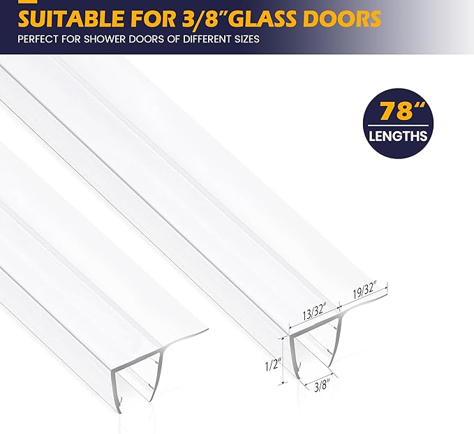 Shower Glass Door Side Seal, 2PCS 78 Inch Ultra Clear PVC Seal Strip with Long Sweep for 3/8"(10mm) Thick Framless Glass Door, to Stop Water Leakage
