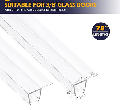 Shower Glass Door Side Seal, 2PCS 78 Inch Ultra Clear PVC Seal Strip with Long Sweep for 3/8"(10mm) Thick Framless Glass Door, to Stop Water Leakage