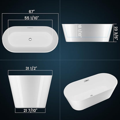 Freestanding Bathtubs 67 Inch Acrylic Freestanding Bathtub – White Finish Free Standing Tub with Chrome Drain & Overflow, Ergonomic Oval Soaking Tub for Family or Guest Bathroom