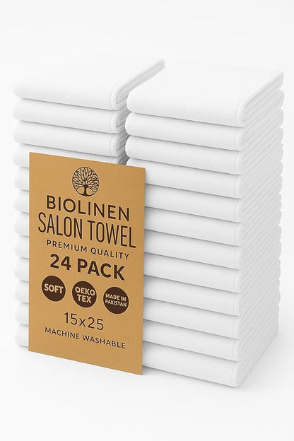 BIOLINEN Cotton Salon Towels Set - White 15"x25" Pack of 24 Ultra Soft 100% Cotton Gym Towel Hand Towel White Daily Usage Maximum Softness and High Absorbency for Home & Spa Easy Care
