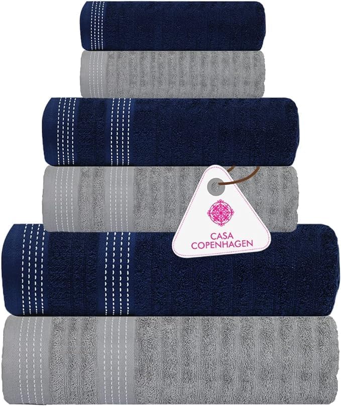 CASA COPENHAGEN Elegance Collection Towels 550 GSM 2 Bath Towel 2 Hand Towel 2 Washcloths, Super Soft Egyptian Cotton 6 Towels Set for Bathroom, Kitchen & Shower - Navy Blue + Grey