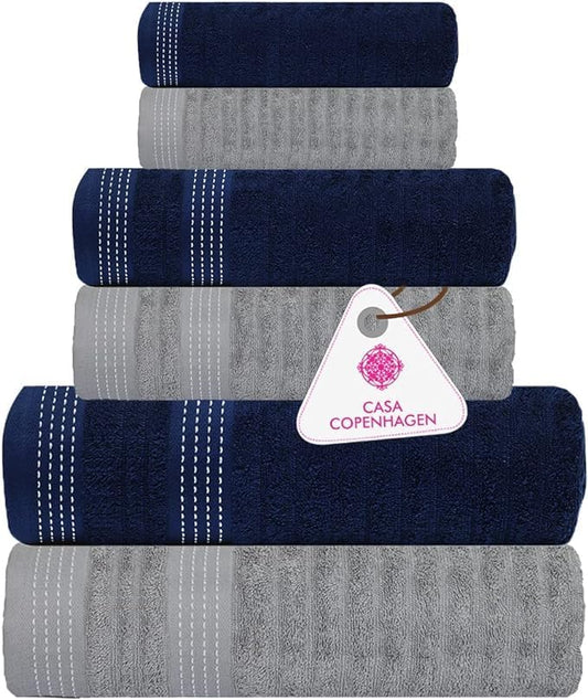 CASA COPENHAGEN Elegance Collection Towels 550 GSM 2 Bath Towel 2 Hand Towel 2 Washcloths, Super Soft Egyptian Cotton 6 Towels Set for Bathroom, Kitchen & Shower - Navy Blue + Grey