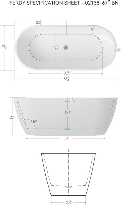 FerdY 67" Bali Elite Acrylic Freestanding Bathtub, Gracefully Shaped Freestanding Soaking Bathtub, cUPC Certified, Toe-Tap Brushed Nickel Drain and Minimalist Linear Design Overflow Included