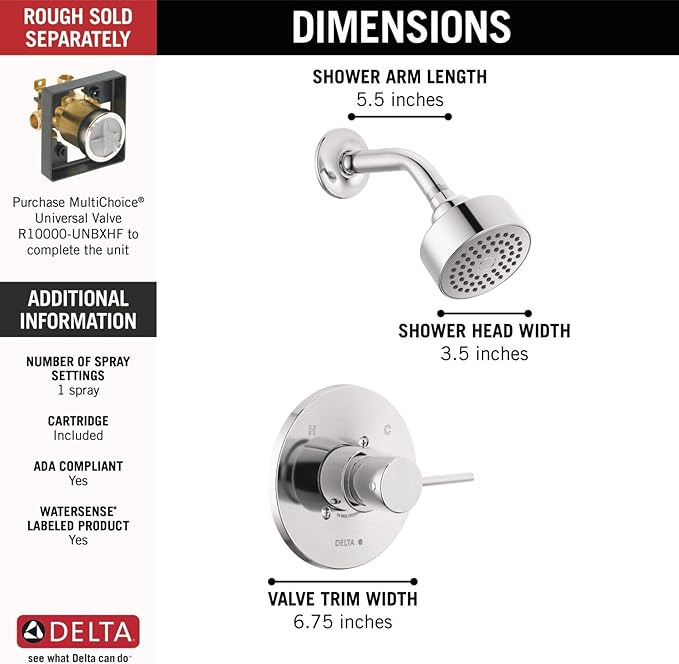 Delta Modern 14 Series Shower Faucet Set, Chrome Shower Head and Handle Set, Valve Trim Kit, Chrome T14259-PP (Valve Not Included)