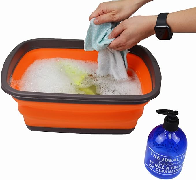 SAMMART 10L (2.6 Gallons) Set of 2 Collapsible Tub - Foldable Dish Tub - Portable Washing Basin - Space Saving Plastic Washtub (Bluish-Green & Orange)