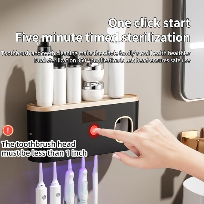Toothbrush Holders for Bathrooms, Toothbrush Holder Wall Mounted with Toothpaste Dispenser Bathroom Solar Charging and No Drilling Required Tooth Brush Holder with 5 Brush Slots