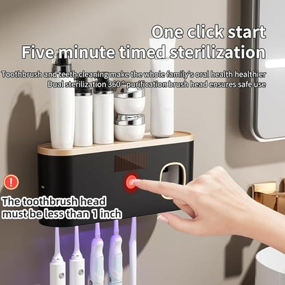 Toothbrush Holders for Bathrooms, Toothbrush Holder Wall Mounted with Toothpaste Dispenser Bathroom Solar Charging and No Drilling Required Tooth Brush Holder with 5 Brush Slots