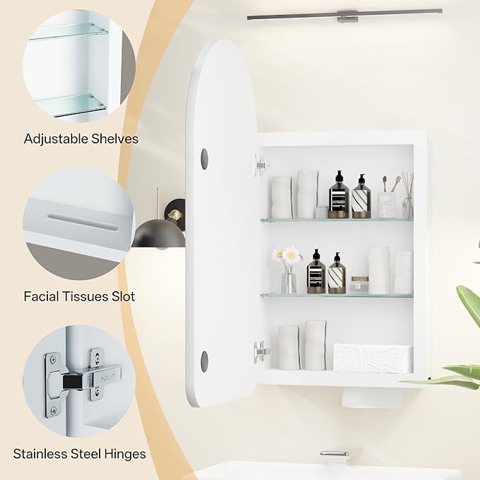Arched Bathroom Medicine Cabinet with Mirror, No Assembly Needed, Recessed or Surface Mount Wall Storage Cabinet, Mirror Cabinet with Tissue Slot (Bevel, 29.5" L x 15.7" W)