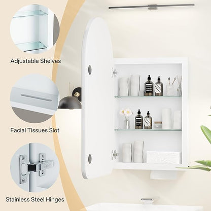 Arched Bathroom Medicine Cabinet with Mirror, No Assembly Needed, Recessed or Surface Mount Wall Storage Cabinet, Mirror Cabinet with Tissue Slot (Bevel, 29.5" L x 15.7" W)