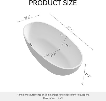 55" Premium Solid Surface Freestanding Bathtub, Upgraded Oval Stone Resin Tub with Overflow and Pop-up Drain, Matte White
