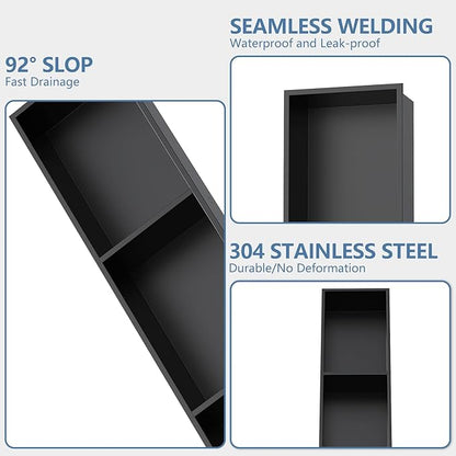 Homevacious 8" X 36" Stainless Steel Shower Niche No Tile Needed Matte Black 3 Tier Bathroom Shelf Rimless Recessed Wall Niche for Bathroom Storage