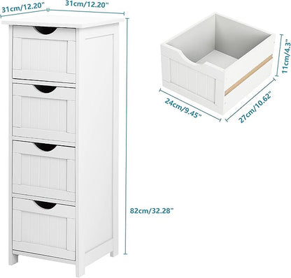 Bonnlo Skinny Bathroom Floor Storage Cabinet,White 12 Inch Wide Deep Small Storage Organizer with 4 Drawers, Wooden Modern Thin Free Standing Tower Cabinet w/ 4 Cute Drawers for Bathroom, Living Room