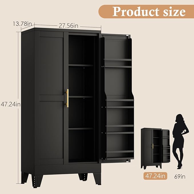 48" H Metal Kitchen Pantry Storage Cabinet, Freestanding Cupboard Storage Cabinet with Doors and Adjustable Shelves, Large Stand Up Food Cupboard for Living Room, Dinning Room, Black