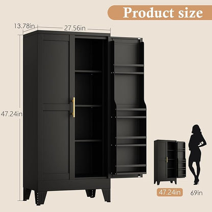 48" H Metal Kitchen Pantry Storage Cabinet, Freestanding Cupboard Storage Cabinet with Doors and Adjustable Shelves, Large Stand Up Food Cupboard for Living Room, Dinning Room, Black