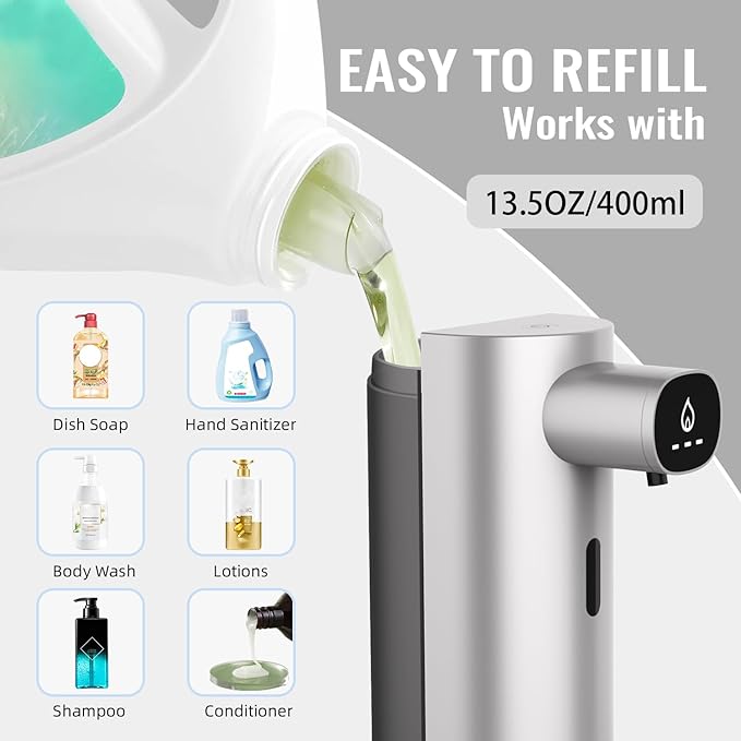 Automatic Liquid Soap Dispenser Touchless, USB Rechargeable Smart Hand Soap Dispenser, 13.5oz/400ml, 3-Level Adjustable, Compatible with Thick Thin Dish Soap for Bathroom Kitchen, Clog-Free, Silver