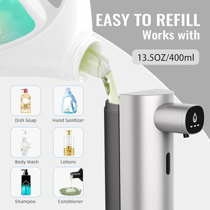 Automatic Liquid Soap Dispenser Touchless, USB Rechargeable Smart Hand Soap Dispenser, 13.5oz/400ml, 3-Level Adjustable, Compatible with Thick Thin Dish Soap for Bathroom Kitchen, Clog-Free, Silver