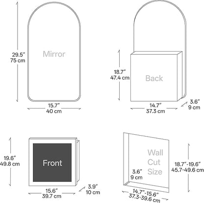 Arched Bathroom Medicine Cabinet with Mirror, No Assembly Needed, Recessed or Surface Mount Wall Storage Cabinet, Mirror Cabinet with Tissue Slot & 2X Magnifying Mirror (Black, 29.5"L x 15.7"W)