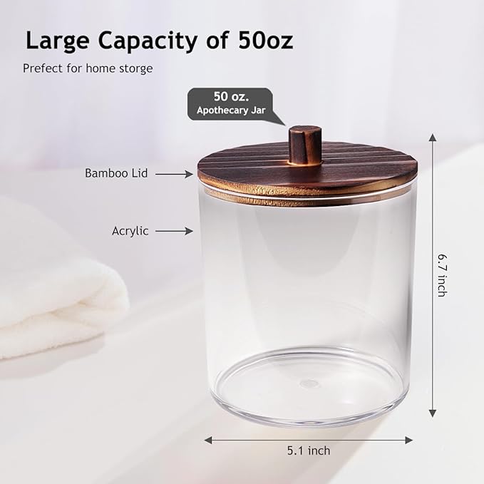 SheeChung 1 Pack 50 Oz Large Apothecary Jar with Wood Lid, Laundry Pods Container, Storage Jars for Bathroom Organization, Plastic Canisters with Cute Stickers Spoons(Dark Brown)