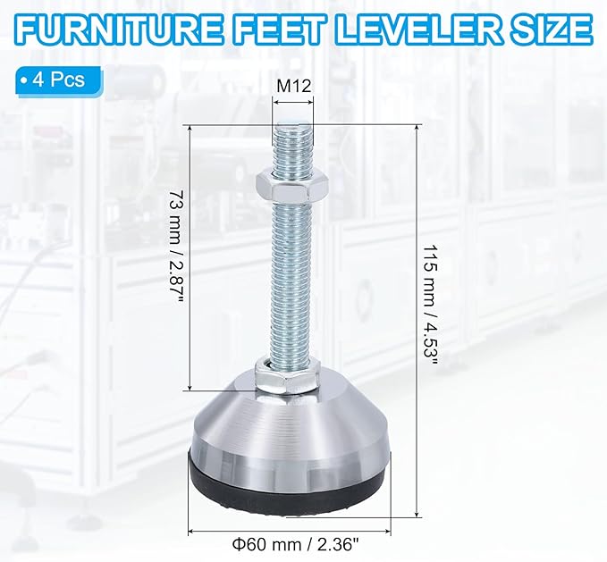 PATIKIL Furniture Leveling Feet 2.4" Dia Base M12 Thread, 4 Pcs Carbon Steel Adjustable Threaded Furniture Leveler Screw on Leg Leveler with Pads for Desk Chair Cabinet, Black