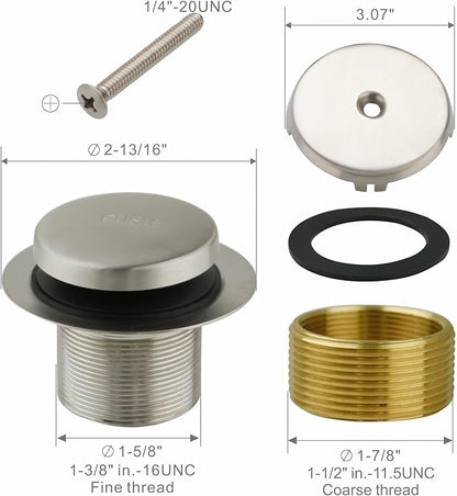 Brushed Nickel Bathtub Drain Tip-Toe Single Hole,Welsan Tub Drain Trim Set Conversion Kit Assembly, Coarse Thread Replacement Trim Kit with 1-Hole Overflow Faceplate Includes an Adapter