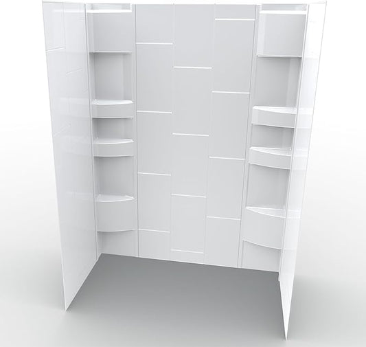 White Acrylic Shower Wall Surround 36"x 60"x 80" - Waterproof, Easy-to-Install, Two Shelf Units Kit Included - Shower Wall Surround Panels - Vertical Pattern, Dynamic Shelves - Noah William Home
