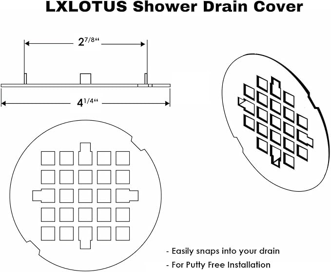 4 ¼” Chrome Snap-in Shower Drain Cover -Solid Brass Construction - 4.25" OD Premium Round Grate Strainer - Easy Install - Professional Grade and Durability - Polished Finish