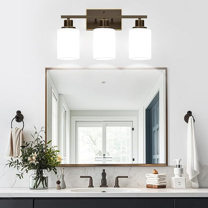 3-Light Bathroom Light Fixtures, Vanity Light with Milky White Shades, Oil-Rubbed Bronze Bathroom Light Fixtures Over Mirror, Modern Bathroom Wall Lamp for Mirror Living Room Cabinet Bedroom