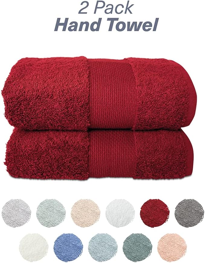 Hencely Luxury Hand Towel - Set of 2 (16x28 Inches) - Soft Turkish Cotton, Absorbent, Quick-Drying Face, Body, Kitchen, and Bathroom Towel (Hand Towels 2 Pack, Red)