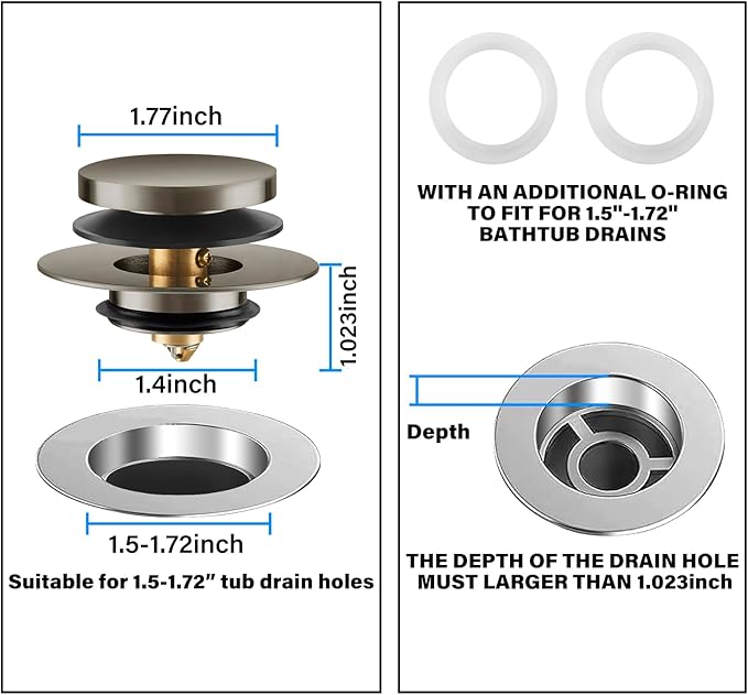 Bathtub Drain Stopper, Uxoz Universal Tub Stopper for Replacing Tip Toe/Trip Lever/Lift&Turn Tub Drain, Bath Tub Drain Stoppers Desiged for 1.5"-1.72" Drain Hole w/3 O-Rings, Brushed Silver
