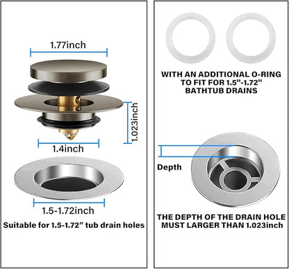 Bathtub Drain Stopper, Uxoz Universal Tub Stopper for Replacing Tip Toe/Trip Lever/Lift&Turn Tub Drain, Bath Tub Drain Stoppers Desiged for 1.5"-1.72" Drain Hole w/3 O-Rings, Brushed Silver