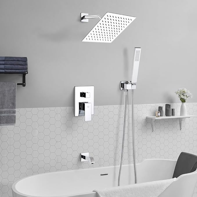 POP SANITARYWARE All Metal Shower Tub Faucet Set Chrome Bathroom 8 Inch Shower Head System with Tub Spout Wall Mounted Single Handle Shower Trim Kit with Rough-in Valve