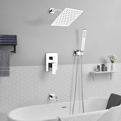 POP SANITARYWARE All Metal Shower Tub Faucet Set Chrome Bathroom 8 Inch Shower Head System with Tub Spout Wall Mounted Single Handle Shower Trim Kit with Rough-in Valve
