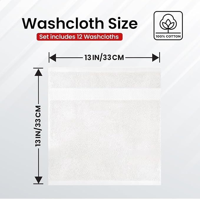 Infinitee Xclusives Luxury Wash Cloths for Showering [13x13] – 100% Cotton Washcloths [Pack of 12], Soft and Absorbent Face Towels for Bathroom Wash Clothes, Gym, and Spa (Brilliant White)