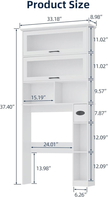 Vabches Over The Toilet Storage Cabinet with Transparent Door, Toilet Paper Storage Cabinet with Multi Layer Shelves Suitable for Bathroom, Laundry Room, Freestanding Bathroom Storage Rack, White