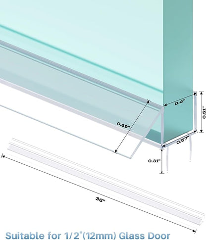 Shower Door Bottom Seal Strip, 2PCS Seal Strip, Ultra Clear PVC, 36" Length, Fits 12mm Thick Glass, Prevents Leaks, Easy Installation, No Adhesive Required (Ultra Clear, 36in for 1/2"(12mm) Door)