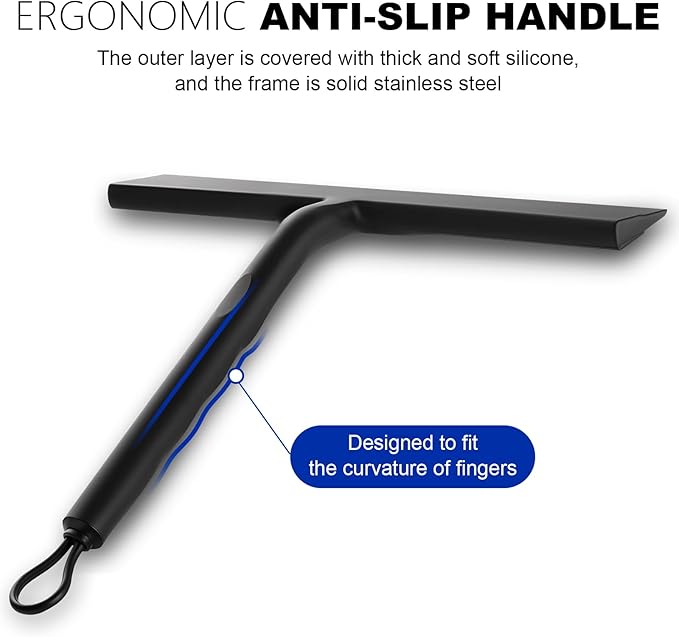 Shower Squeegee for Glass Doors and Bathroom, Stainless Steel with Silicone Blade, Window and Mirror Cleaner with No-Drill Hook, Streak-Free Cleaning Tool