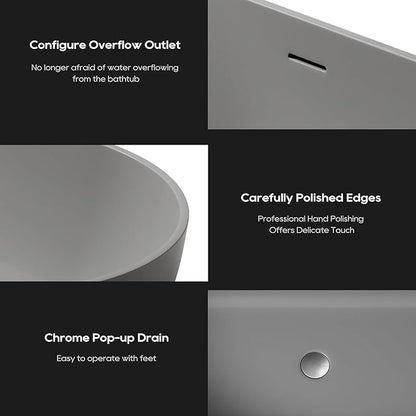 SJ STAR&JANE 59" Solid Surface Freestanding Bathtub Oval Stone Resin Soaking Tub Modern Stand Alone Tub with Overflow & Pop-up Drain for Bathrooms Dark Gray