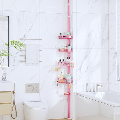SWTYMIKI Shower Caddy Tension Pole - 4-Tier Corner Shower Organizer Tension Rod with Soap Holder, Toothbrush Holder & 4 Hooks, Adjustable Stainless Steel Bathroom Organizer 27.6 to 108.3 inch, Pink
