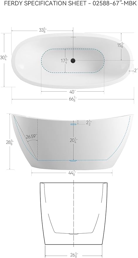 FerdY Naha 67" Freestanding Bathtub, Curve Edge Soaking Bathtub with Matte Black Drain and Minimalist Linear Design Overflow, Easy to Install 588