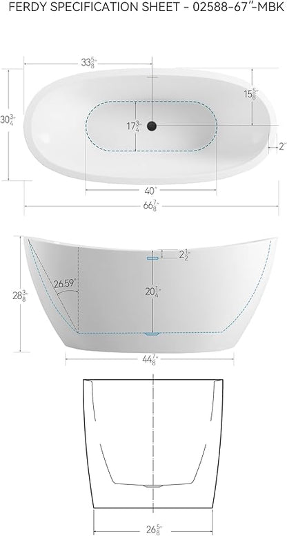 FerdY Naha 67" Freestanding Bathtub, Curve Edge Soaking Bathtub with Matte Black Drain and Minimalist Linear Design Overflow, Easy to Install 588
