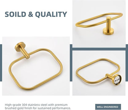 Angle Simple Square Towel Ring Brassy Gold, SUS 304 Stainless Steel Swivel Hand Towel Holder for Bathroom, Wall Mount, 7.87 Inches