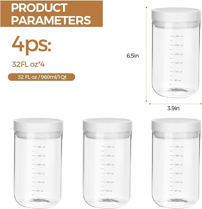 Danbark Set of 4 30oz Airtight Glass Storage Canisters with Lids - Pantry Organizers and Storage Glass for Kitchen - for Pantry, Flour, Sugar, Coffee, Tea, Pasta, Rice, and Snacks - White