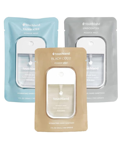 Touchland Hydrating Hand Sanitizer Spray, DYE FREE Trio Set (Rainwater, Unscented, Beach Coco), 1 FL. OZ. Travel Size Power Mist Sprays (Set of 3)