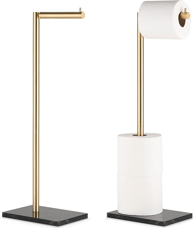 MARMOLUX ACC Free Standing Gold Toilet Paper Holder Stand with Black Marble Base and Storage | 4 Jumbo Roll Bathroom Hardware Toilet Tissue Organizer | Stainless Steel Bathroom Decor Accessory