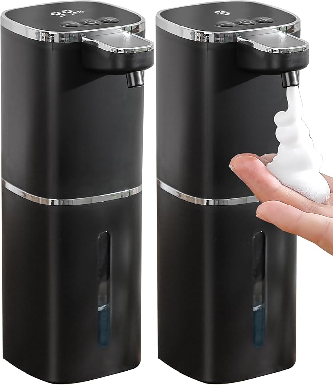 2 Pack Automatic Foaming Soap Dispenser, 12.8oz Rechargeable, Adjustable Foam Levels, IPX5 Waterproof, Touchless & Wall/Tabletop Use for Kitchen Bathroom, Black
