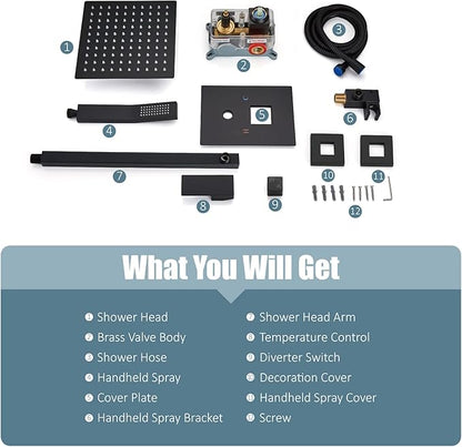 Aolemi Shower Faucet Set Rain Shower System with Handheld Spray Bathroom Shower Combo Rough-in Valve and Shower Trim Kit Included Matte Black 10 Inch Wall Mount Shower Head