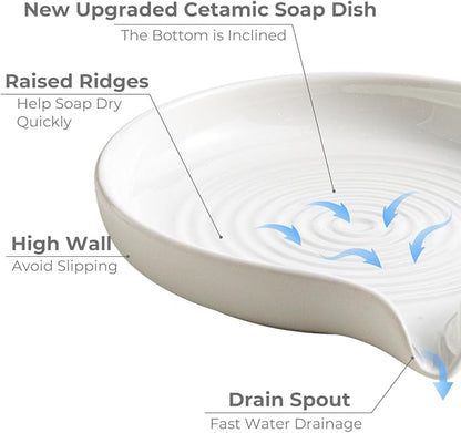 Self Draining Soap Dish, Ceramic Drain Soap Holder Waterfall Design Soap Saver for Shower, Bathroom, Sink, Kitchen and Countertop, Keeps Dry, White