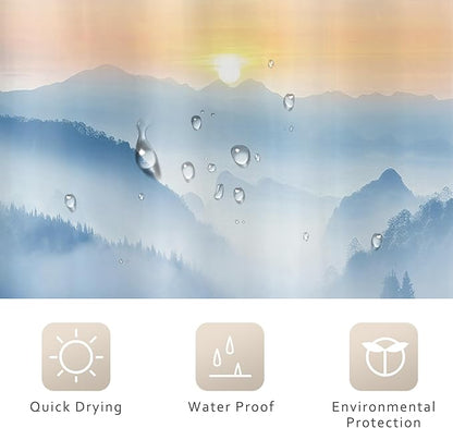 Riyidecor Misty Mountain Shower Curtain 72Wx72H Inch Blue Sunrise Scenery Foggy Woodland Greenery Smokey Tree Nature Pine Scenic Rustic Bathroom Decor Fabric Polyester Waterproof 12 Pack Hooks