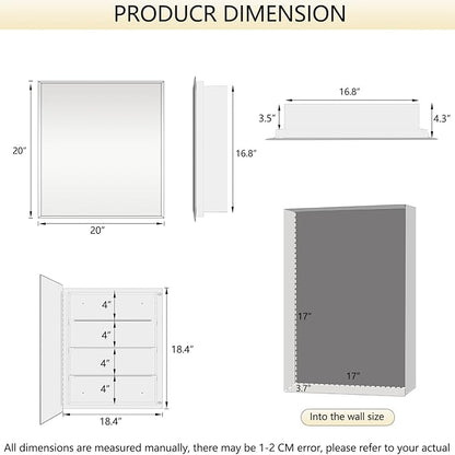Bathroom Medicine Cabinet with 20x20 in Square Beveled Frameless Mirror,Wall Mounted Mirror Cabinet for Bathroom Toilet Kitchen,Recess or Surface Mount,Already Assembly
